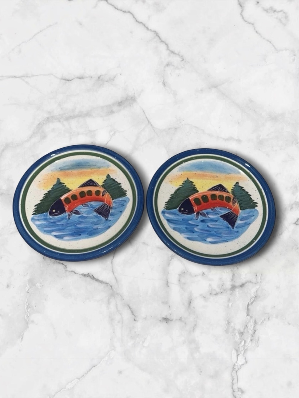 Harry&David 2002 Northwest CollectionFish Ceramic Plate, J. Ueland. Set Of 2